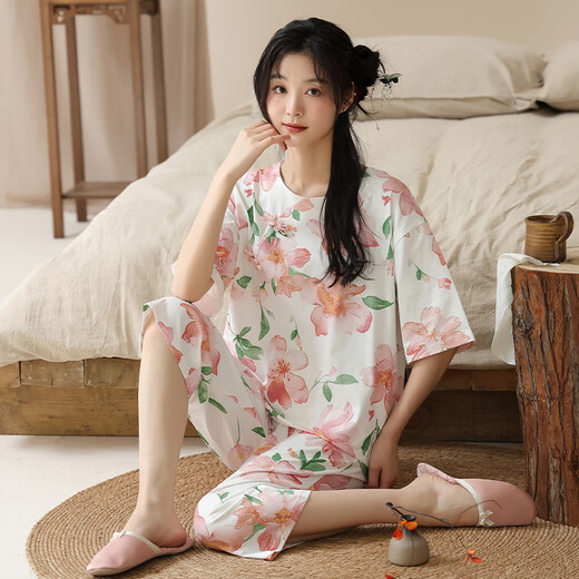 
Yalu summer new Chinese style short-sleeved pajamas can be worn outside for women's home clothes cropped trousers cotton can be worn outside for summer casual thin Y9901 M