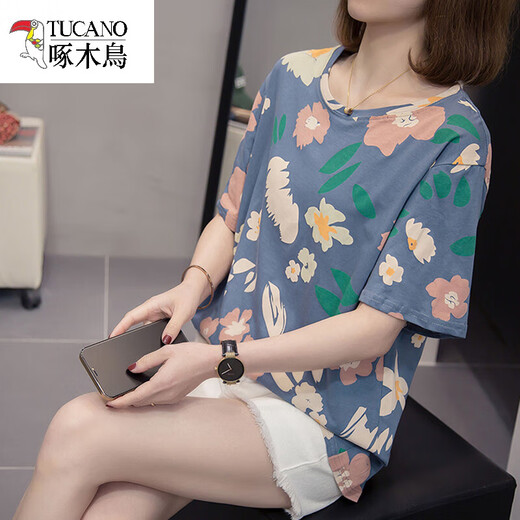 Woodpecker slightly fat 2025 summer new large-size cotton short-sleeved T-shirt for women Korean style, slim and versatile casual fat mm covering the belly 6625 purple M about 80-95