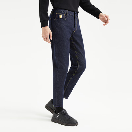Lilang Technology Blue Jeans Men's Low Waist Narrow Feet Cropped Pants Slim Elastic Pants Autumn 2025 New Men's Pants Dark Blue Black (24QNZ14101) 32 (175/82A)
