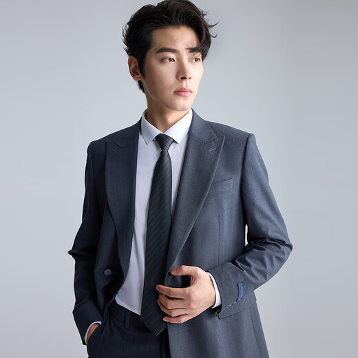 Lilang Youth Business Men's Double-breasted Suit Men's Lapel Lapel Striped Suit Commuting Formal Two-piece Set Navy (2SA) 175A