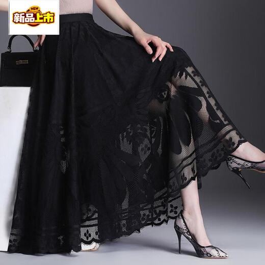 
First-diameter French lace skirt for women 2025 spring and summer new A-line mid-length skirt with large sway mesh hollow middle-aged pleated skirt black extended (lace skirt) M (recommended weight 75-100)