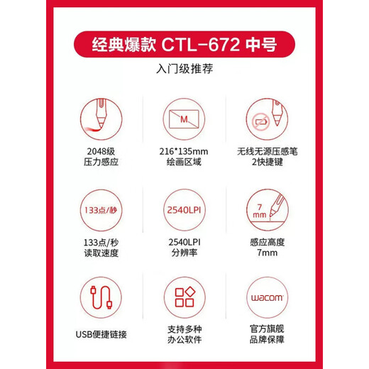 Wacom数位板CTL 672电脑绘画板动漫电子绘图板手绘板网课手写板 CTL_47221*14.6cm 27.7x18.9cm
