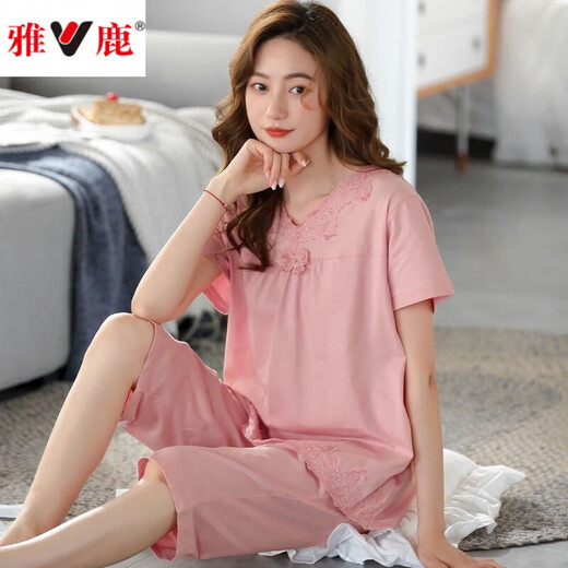 雅鹿100纯.棉睡衣女士夏季薄款短袖七分裤夏天家居服套装 6624 高品质纯棉 XXXL 150斤一165斤