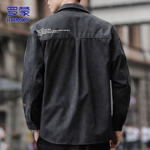罗蒙（ROMON）长袖衬衫男春秋季潮流休闲外套男士宽松衬衣男装 黑色 XL