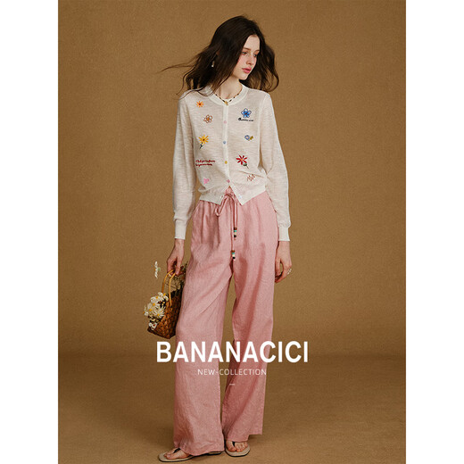 Banana CICI 2025 Été Nouvelle fleur de couleur contrastée Fleur de bambou brodée BAMBOO COUCH ROND CARDIGAN TRICHÉE C252MY722 BEIGE M