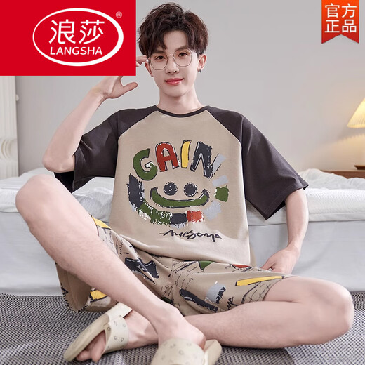 浪莎（LangSha）男士睡衣夏季纯棉短袖短裤薄款卡通青少年可外穿加大码家居服套装 6629熊猫 M 男款【80-100斤】