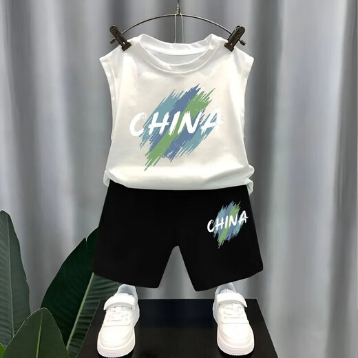 Escape Star Children's Shorts 9-14 Years Old Boy Sleeveless Vest Set Wearing Summer Thin Style Two-Piece Set in China White Vest T1049 + Black Shorts T1049 Small 90 cm Recommended height below 90CM