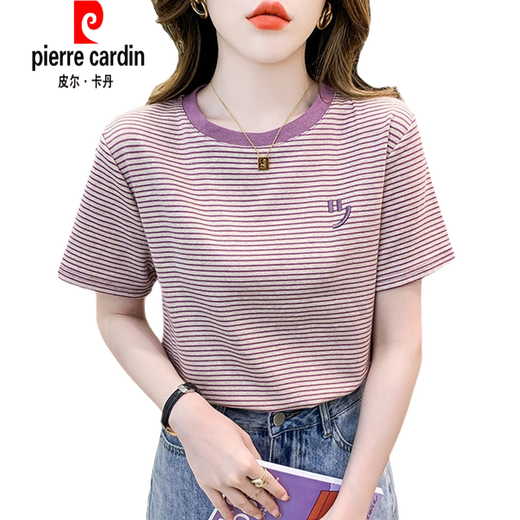 皮尔卡丹（pierre cardin）条纹短袖t恤女宽松韩版女装2025年夏季新款百搭体恤圆领半袖上衣 红色 9928 S 建议80-95斤
