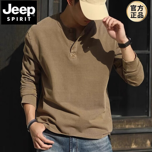 JEEP SPIRIT Jeep American retro men's henley shirt long-sleeved washed distressed t-shirt men's heavy henley collar top brown original M