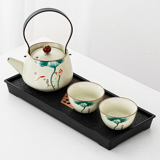 Chuwu Ru kiln kung fu tea set three-piece household lifting kettle light luxury high-end teapot with tea tray small set of tea utensils