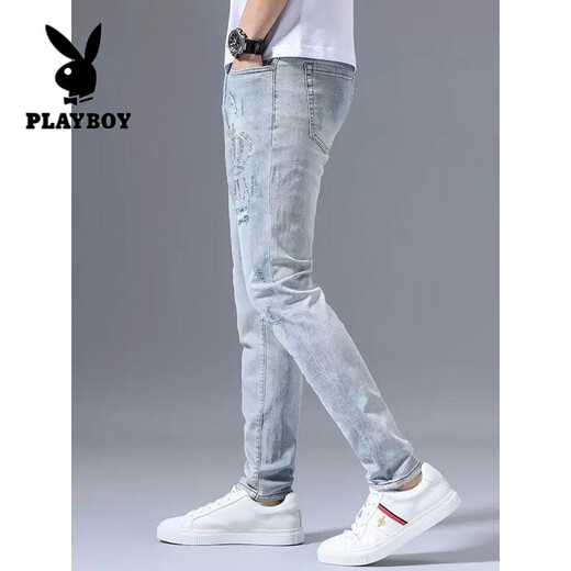 花花公子（PLAYBOY）高端弹力牛仔裤男士潮牌夏季薄款破洞刺绣修身小脚浅色百搭长裤子 浅蓝色3890皇冠破洞裤 27