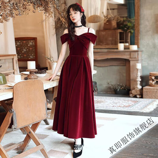 Zhenji wine red toast dress 2025 autumn and winter new bridal temperament suspender velvet engagement dress female wedding dress wine red L