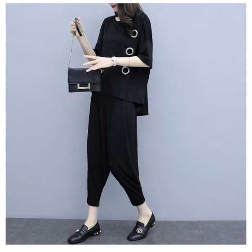 Mengsentu Summer Gran tamaño de mujer Fat Sister más grasa más pantalones casuales grandes MM MM Harem Set 2025 Spring and Summer Nuevo estilo negro <9928> M <sugerido 80-100>