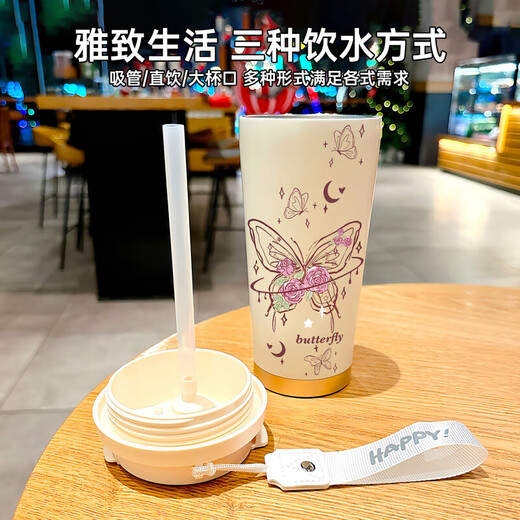 HAOJIXIANG IMPORTET QUALITÉ LEBETE Butterfly Hot Thermos Cup For Girls 'Sports de paille Portable Coupe d'eau Portable Cup de qualité alimentaire High Face Fined Inner [Antibactérienment amélioré 520 ml] BW1519 Purfly pur