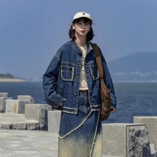 韩版复古美式小个子水洗毛边口袋正肩小众设计圆领牛仔夹克外套 深蓝色 3XL