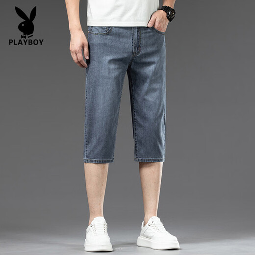 花花公子（PLAYBOY）高端天丝凉感七分牛仔裤男士夏季薄款宽松直筒冰丝短裤潮流休闲 757冰砂蓝+759砂洗蓝 31 腰围二尺四