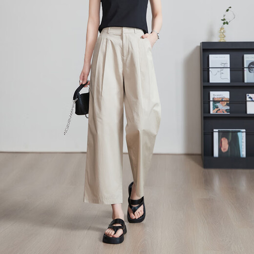 Yiyang 100% coton pantalon large à neuf points pour les femmes en été 2025 mince taille haute glindage pantalon consécutif décontracté brun clair (couleur de l'avoine) 31