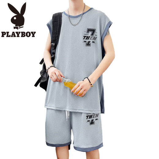 Playboy (PLAYBOY) ice silk sleeveless T-shirt boy 12-15-year-old teenager student quick-dry basketball uniform 13 children's vest sports suit 6636 blue (vress + shorts) quality assurance L 100-120Jin [Jin equals 0.5 kg]