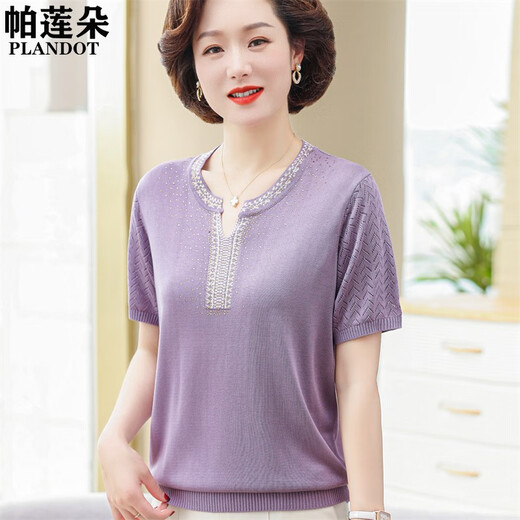 Kuzhang (Kuzhang) 2025 Neues Mutter-Sommer-Strick-T-Shirt im mittleren Alter mittleren Alters mit kurzärztem Anzug mittleren Alters mittleren und älterer Menschen mit großer Größe 9757 Red M empfohlen 80-95jin [Jin entspricht 0,5 kg]