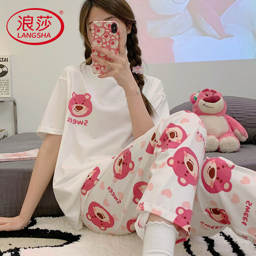 浪莎轻奢睡衣女款纯棉夏季短袖长裤夏天薄款夏款玉桂狗春秋可爱家居服 JZM-6625爱心 2XL