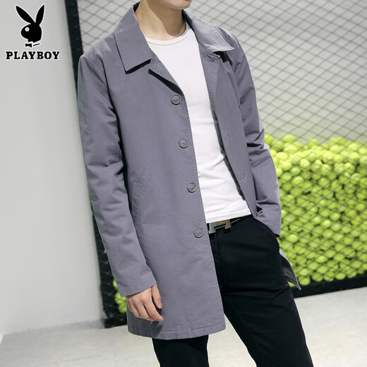 花花公子（PLAYBOY）日系青年休闲薄款风衣男中长款外套春秋大码工装加棉派克翻领大衣 绿色【加棉加厚】 4XL 190斤以下