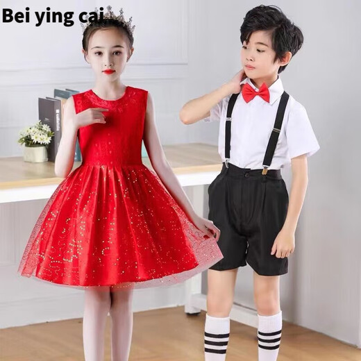 Children's Day Children's Day Performance Clothes Kindergarten Performance Clothing Kindergarten Performance Children's Performance Clothes Chorus Clothes Dance Recitation Dress Princess Skirt Puff Skirt Overalls Kindergarten Students Men's Short-Sleeved Shorts + Black Tie Suspenders + Socks 120