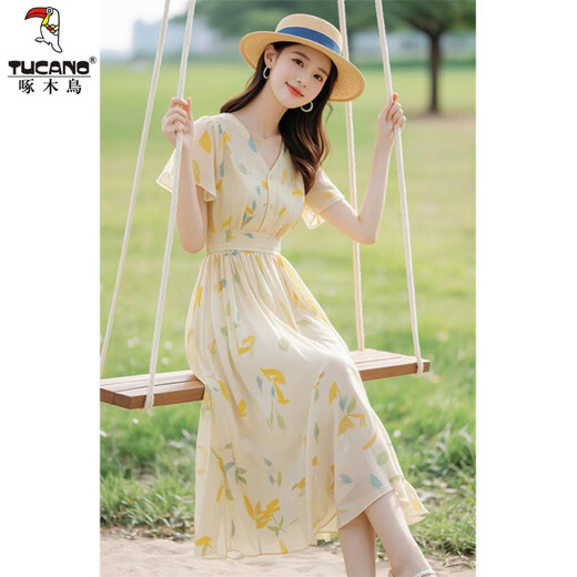 Woodpecker gentle date chiffon dress for women in summer 2025 new style this year's popular waist-closing seaside vacation floral long skirt picture color M suggests 95--104Jin [Jin equals 0.5 kg]