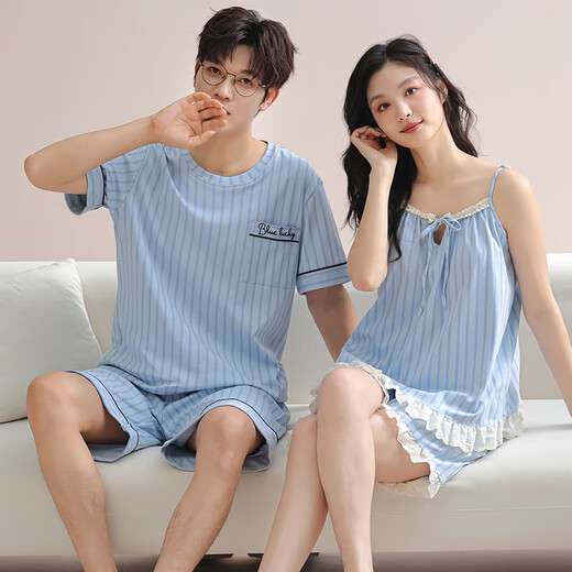 Modal couple pajamas with chest pads for summer 2025 new suspender pajamas for women in summer short-sleeved men's home clothing set QH9902 couple (with chest pads) M women M+ men XL