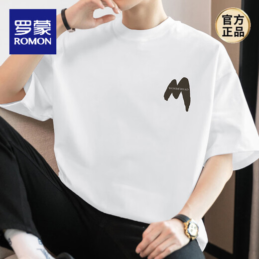 ROMON 260g amerikanisches Schwergewichts-T-Shirt Herren Kurzarm-Baumwolle Rundhals-Top Sommer trendiges lockeres Halbarm-T-Shirt M09-694 weiß 2XL 160-180Jin Jin entspricht 0,5 kg