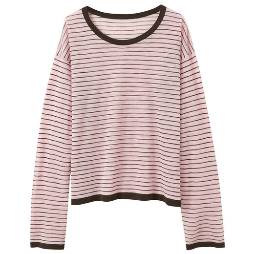 Drei Farbe 2025 Sommer neuer loser gestreifte Langschläfen gestricktes Pullover Hemd Klimaanlage Hemd Hemd Pullover Pullover M hellrosa Streifen M 160/84a