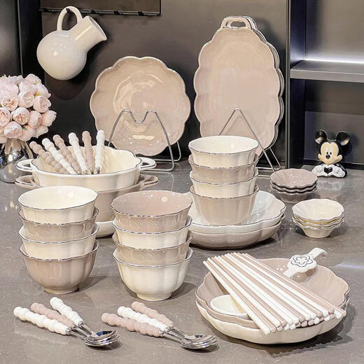 语森忆感碗碟套装家用盘子釉下彩餐具碗盘米饭碗碗具 描金款4-6人食礼盒装1355