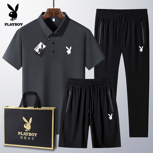 Playboy (PLAYBOY) dad summer suit for middle-aged and elderly casual ice silk POLO. shirt short-sleeved T-shirt 40-60 years old clothes black 6629 [shorts] suit M wear 95-110Jin [Jin equals 0.5 kg]