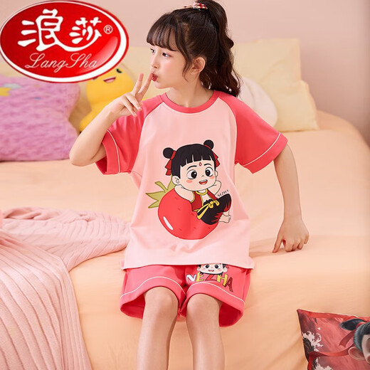 浪莎儿童睡衣女夏季短袖薄款棉质学生女大童卡通拉布布宽松套装家居服 MK6627恐龙绿[短套] 10码[推荐身高110-120] 均码