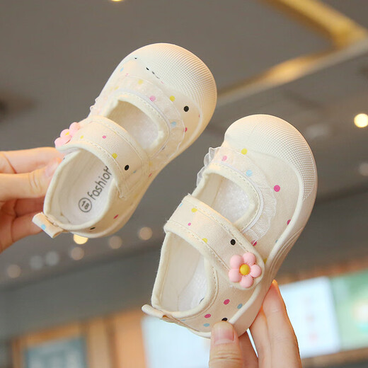 Spring and summer single shoes, breathable and sweat-absorbent, children's canvas shoes for 1-3 years old, girls' shallow sneakers, baby non-slip cloth shoes, light color, beige 21, inner length 13.5cm