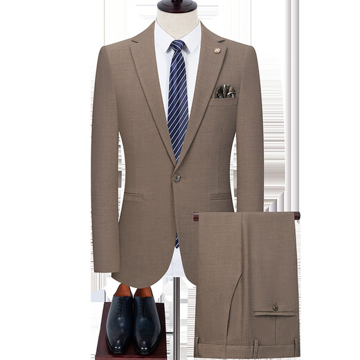 DVHNMK luxury brand men's suit suit men's business formal wedding dress British style retro high-end suit khaki color ready for delivery L (recommended 105-120 Jin Jin equals 0.5 kg) ready for delivery