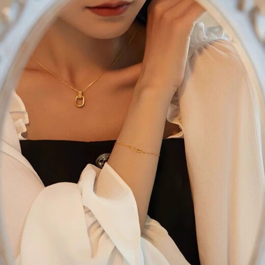 Ji Bochi Pure Gold Silver Pendant G24K Gold Elegant Classic Retro Double Ring Geometric Necklace for Girlfriend Geometric Pendant + Necklace