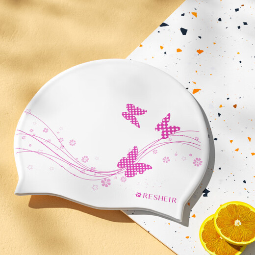 天启世纪泳帽女防水不勒头舒适长发护耳加大时尚新款印花游泳泳镜套装 白粉-蝴蝶飞-长发专用-泳帽+黑透