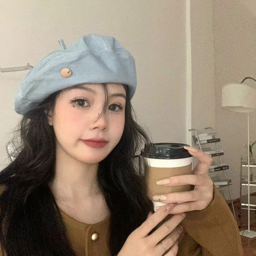 
Korean spring new beret sun protection sun protection denim solid color painter hat women Korean button summer hat button denim beret light blue single size