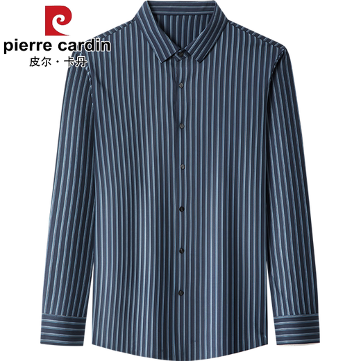 皮尔卡丹（pierre cardin）高端弹力男士长袖衬衫春秋季薄款无痕免烫休闲透气条纹衬衣男 9928款-上青 M 165【建议90-120斤】