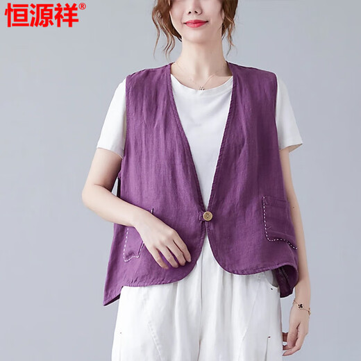 Hengyuanxiang Feste Farbe Baumwoll-Wäsche Pferd Clip Großgröße Damen Fett MM Doppelpockt One-Button V-Neck ärmellose Strickjacke Altersreduzierende Leinen-Leinen-Top Orange Red M Empfohlen 85-110jin [Jin gleich 0,5 kg]