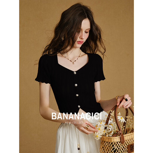 Banana CICI 2025 Été Nouveau pull à manche à manches courts à manchette courte Summer C252MY679 noir m noir M