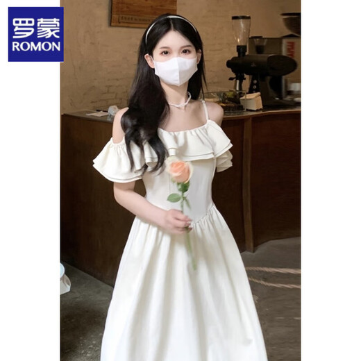 罗蒙一字肩吊带连衣裙女设计感小众夏季2025新款法式温柔初恋收腰裙子 1098# M 建议90-100斤