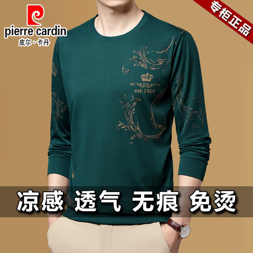 皮尔卡丹（pierre cardin）中青年男士夏季冰丝长袖t恤薄款圆领2025新款中年男打底衫体恤潮 B6627上青 M 推荐【95-115斤】