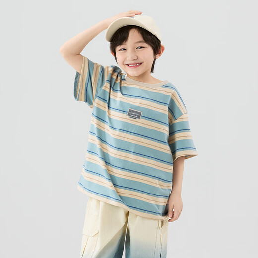 McTicco男童短袖T恤2025夏装新款儿童痞帅条纹衣服大童夏季纯棉半袖上衣 19087蓝色+9905白色【两件】 120 120cm