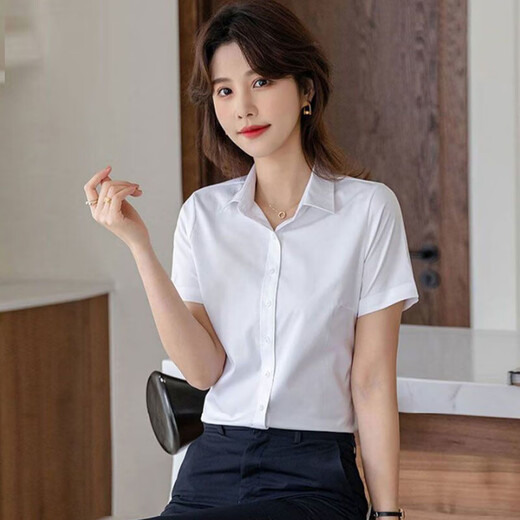 
Slim fit anti-wrinkle blue formal short-sleeved shirt for women 2025 summer professional commuter business interview work clothes shirt B611 white - bright button short-sleeved [Khmer impervious] M (recommended [90Jin[Jin equals 0.5 kg]-100Jin[Jin equals 0.5 kg]])
