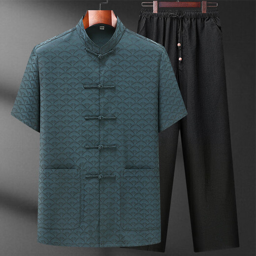Hawit Old Man Ice Silk Tang Anzug Ein komplettes Set von Männern mittleren und älteren Kurzärärmelen-Dads Sommer-Freizeitanzug chinesischer Großvater Anzug Green [Top nur] S 3895-115jin [Jin ist 0,5 kg]
