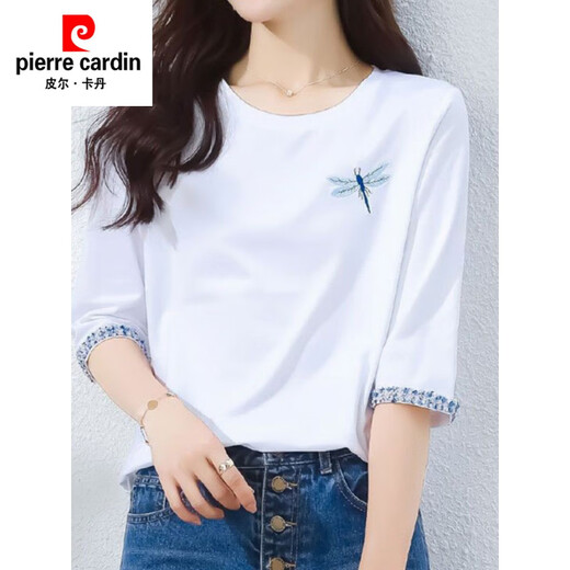 皮尔卡丹（pierre cardin）纯棉白色中袖t恤女2025年夏季新款七分袖宽松短袖体恤春秋上衣服 1XS328白色+W6172冰蓝 M 80-105斤