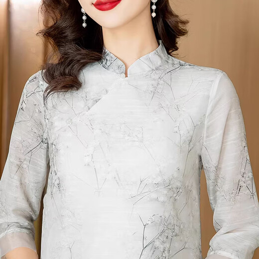 OLJ high-end brand dress for women 2025 summer new printed and modified cheongsam new Chinese style Zen Chinese style skirt gray L 90-115Jin [Jin equals 0.5 kg]