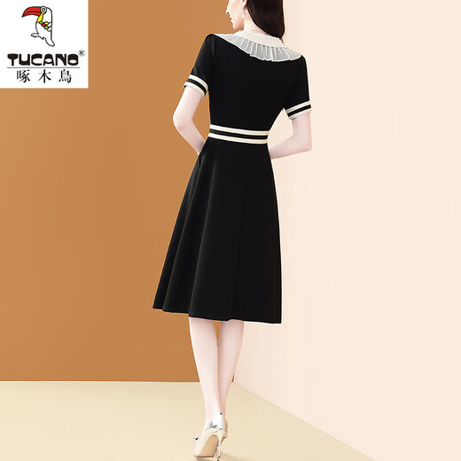 Specht Little Duftstil Puppenkragenkleid für Frauen 2025 Sommer Neue Temperament Schwarze Kurzarm Taille Slim A-Line Rock Black S Vorgeschlagene 80-95