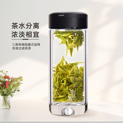 
QiMingYuan glass cup double-layer cup thread cup lid lettering gift box tea cup water drop cup bottom high borosilicate business tea cup QMY-6626A gun color with filter 200ml 1 piece